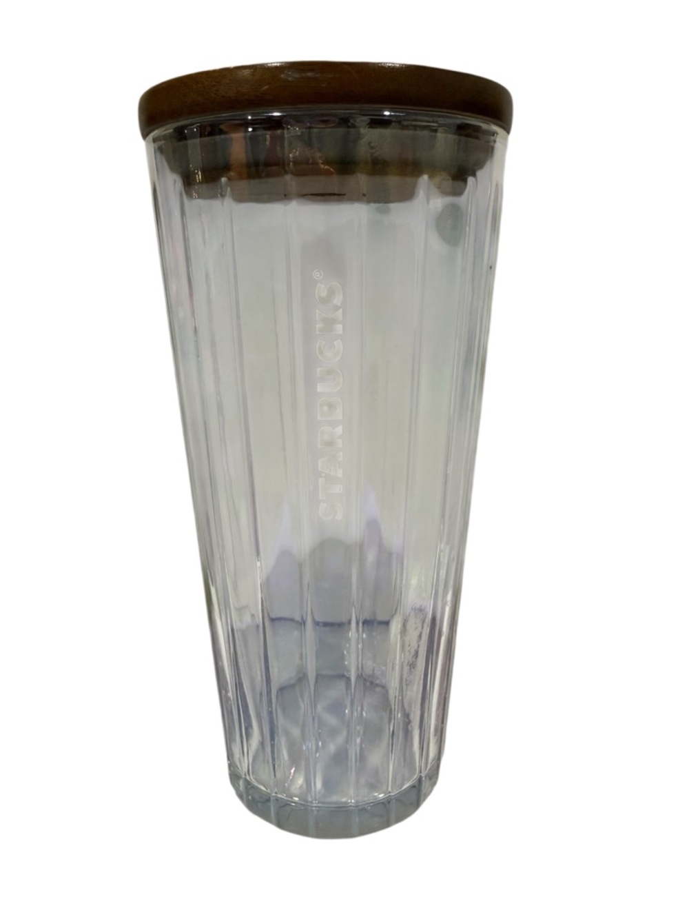 Starbucks Clear Glass Tumbler with wood Lid no straw 16oz